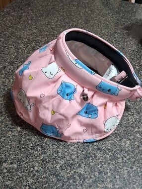 Discovery Pink Visor with Blue & White Cat Faces and Bell Accent